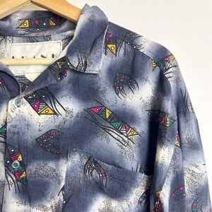 Frank Button Up Blue Pattern Shirt USA Made Men Medium 80s Southwestern Memphis